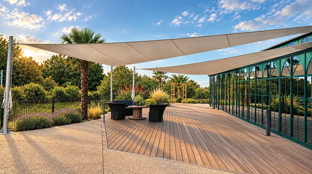 Deux grandes voiles d’ombrage triangulaires tendues au-dessus d’une terrasse en bois, au coucher du soleil
